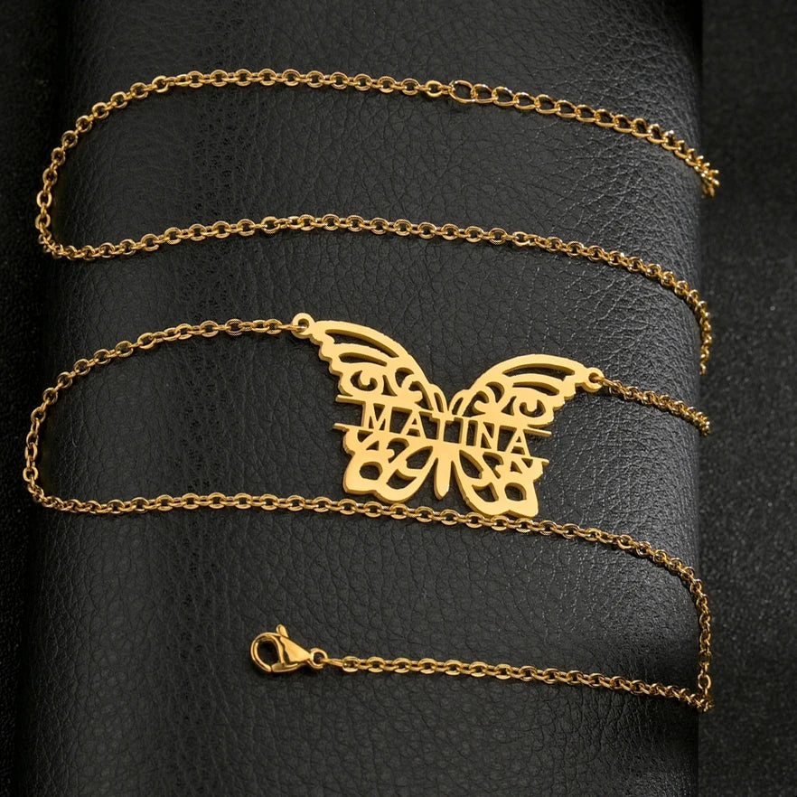Atoztide Custom Name Necklace for Women with Butterfly Personalized Stainless Steel Jewelry Nameplate Choker Chain Birthday Gift