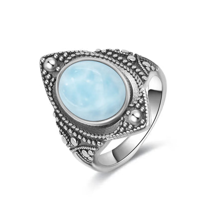 Vintage 925 Silver Natural Larimar Stone Ring Round Flower Shape Sky Blue Sea Water Ring Fine Jewelry Ring Gift For Women Men