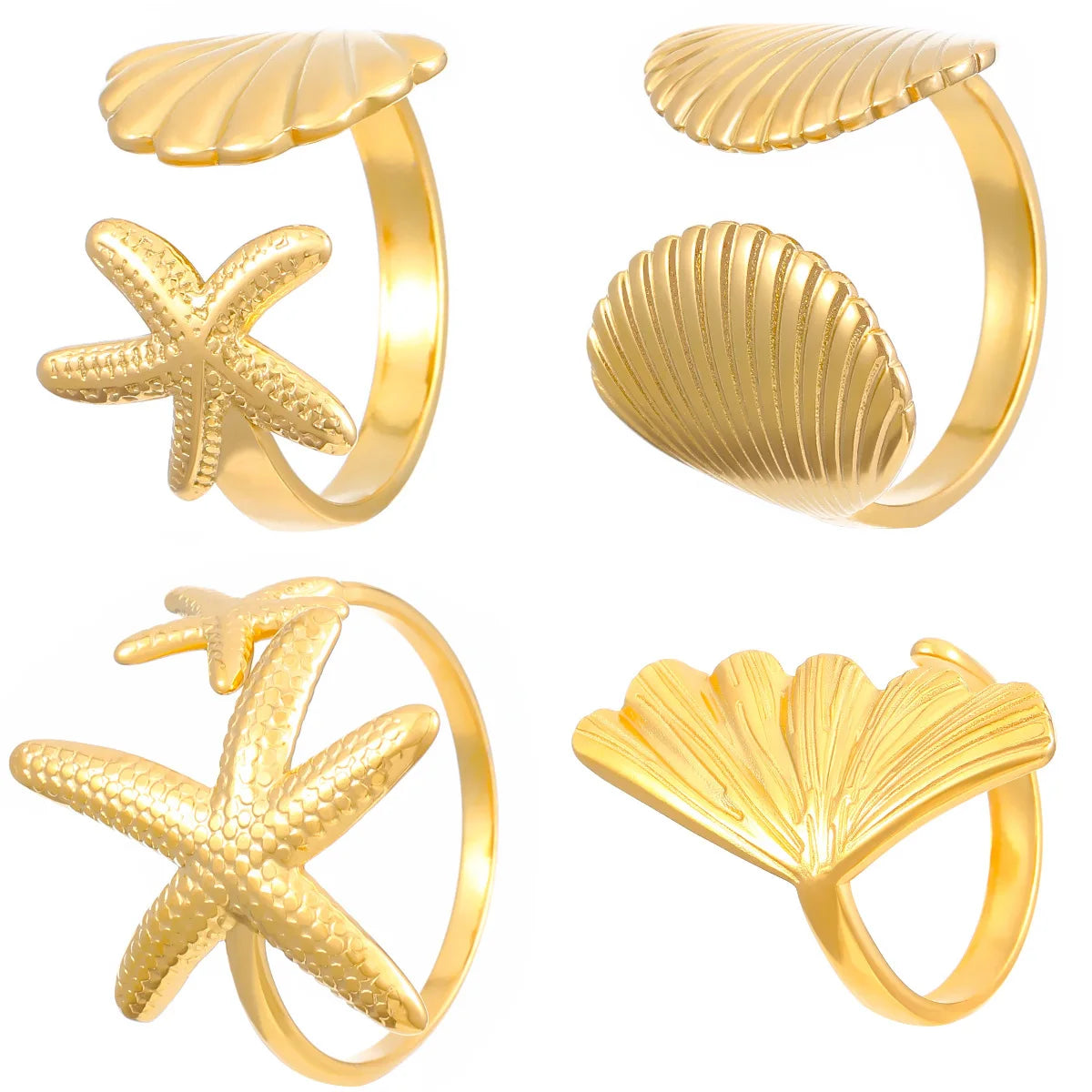 MHS.SUN Ocean Style Stainless Steel Starfish Shell Rings For Women Men Vintage Gold Plated Open Ring Summer Beach Jewelry