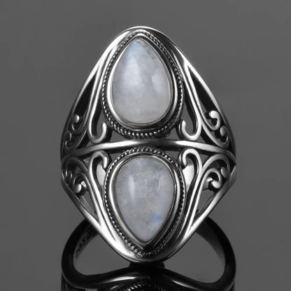 Round Oval Big Natural Moonstones Rings Women's Silver Plated Rings Gifts Vintage Fine Jewelry