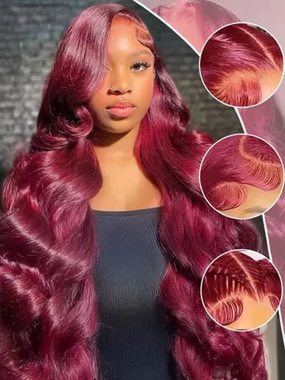 99J Burgundy Body Wave 13x4 HD Lace Frontal Wig – 250% Density, 34 Inch Pre-Plucked