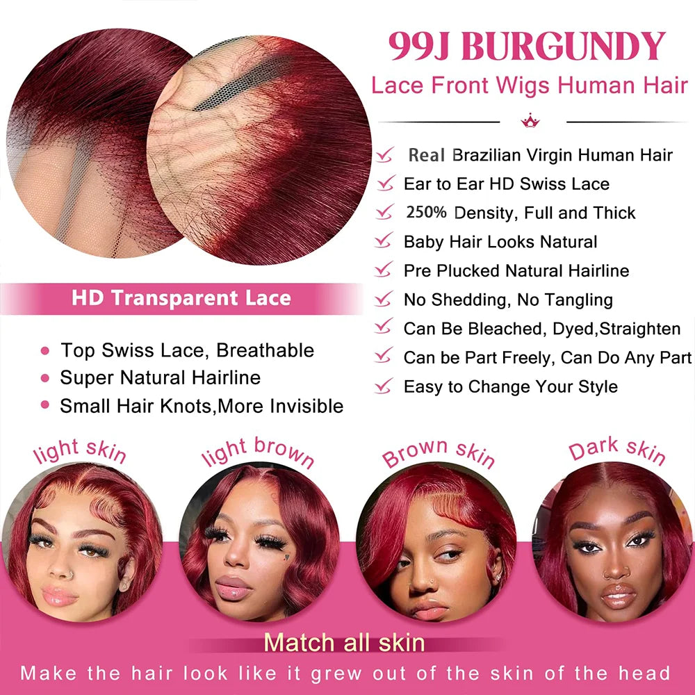 99J Burgundy Body Wave 13x4 HD Lace Frontal Wig – 250% Density, 34 Inch Pre-Plucked