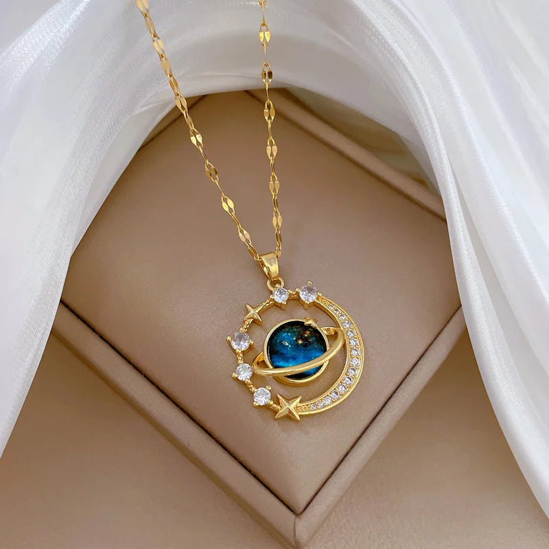 316L Stainless Steel Sun Moon Star Pendant Necklace For Women Exquisite  Planet Clavicle Chain Party Jewelry Gifts