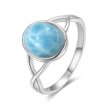 Vintage 925 Silver Natural Larimar Stone Ring Round Flower Shape Sky Blue Sea Water Ring Fine Jewelry Ring Gift For Women Men