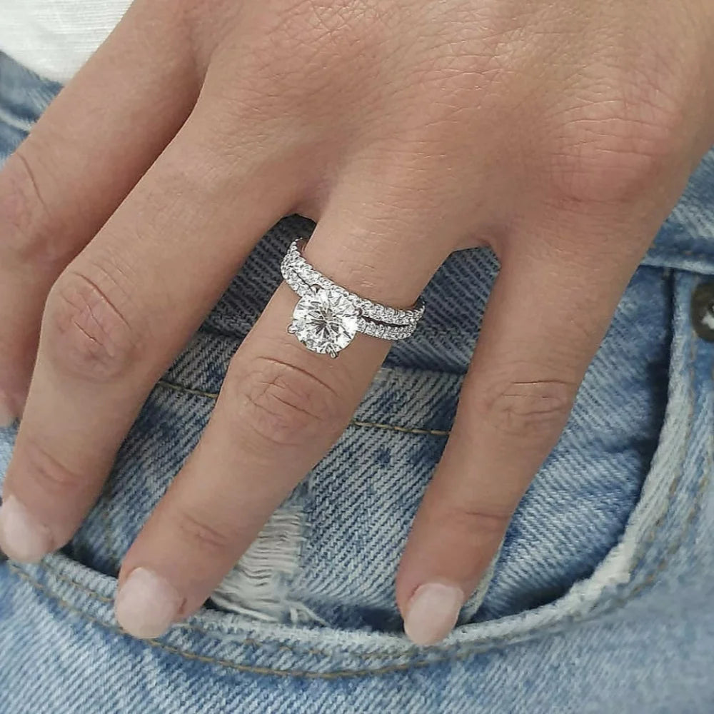 Simple Bling Round Cubic Zircon 2Pcs/Set Rings for Women Fashion Double Stackable Rings Wedding Bands Party Jewelry Gifts