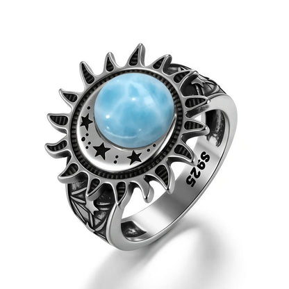 Vintage 925 Silver Natural Larimar Stone Ring Round Flower Shape Sky Blue Sea Water Ring Fine Jewelry Ring Gift For Women Men