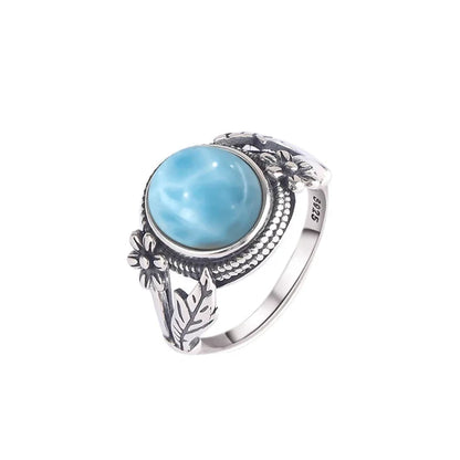 Vintage 925 Silver Natural Larimar Stone Ring Round Flower Shape Sky Blue Sea Water Ring Fine Jewelry Ring Gift For Women Men