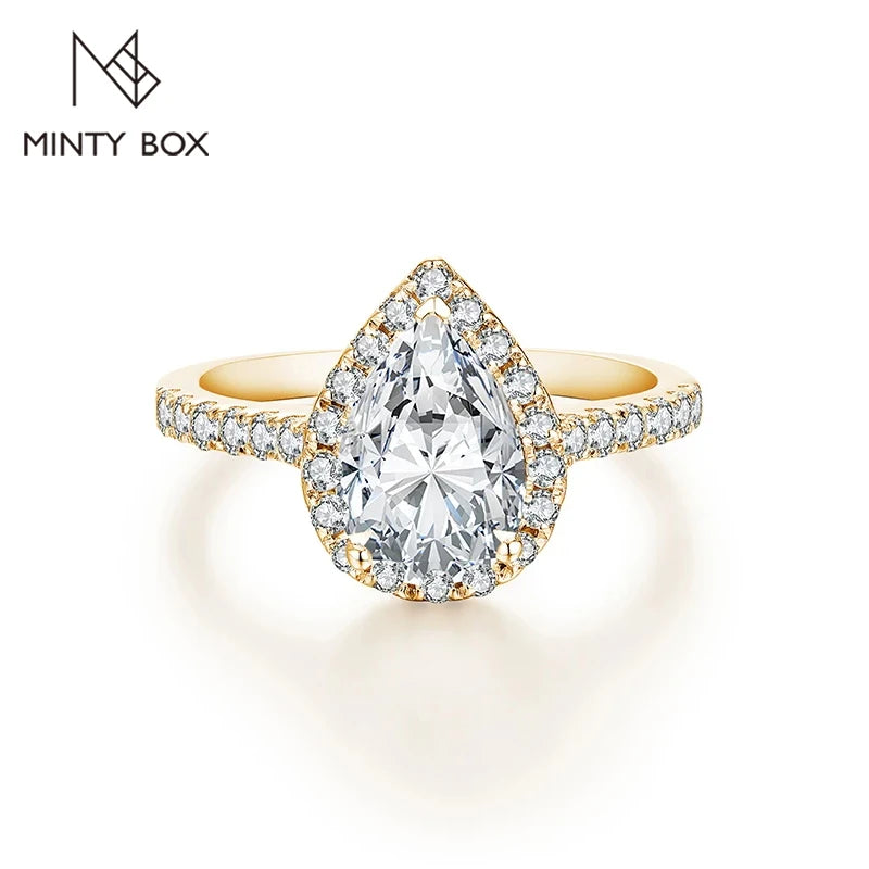 MINTYBOX Pear Cut 2.0CT Luxury Moissanite Ring Solid 925 Sliver 18K Gold Plated Engagement Halo Ring for Women Fine Jewelry Gift