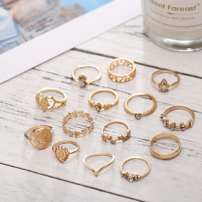 15Pcs Vintage Rings Set For Women Fashion Cross Floral Palm Pattern Crystal Geometric Rings Trendy Finger Jewelry Gifts New