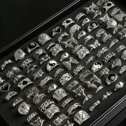 10/20/30/50/100Pieces Vintage Punk Heart Butterfly Rings Set For Women Men Mix Style Hip Hop Finger Ring Jewelry Party Gifts