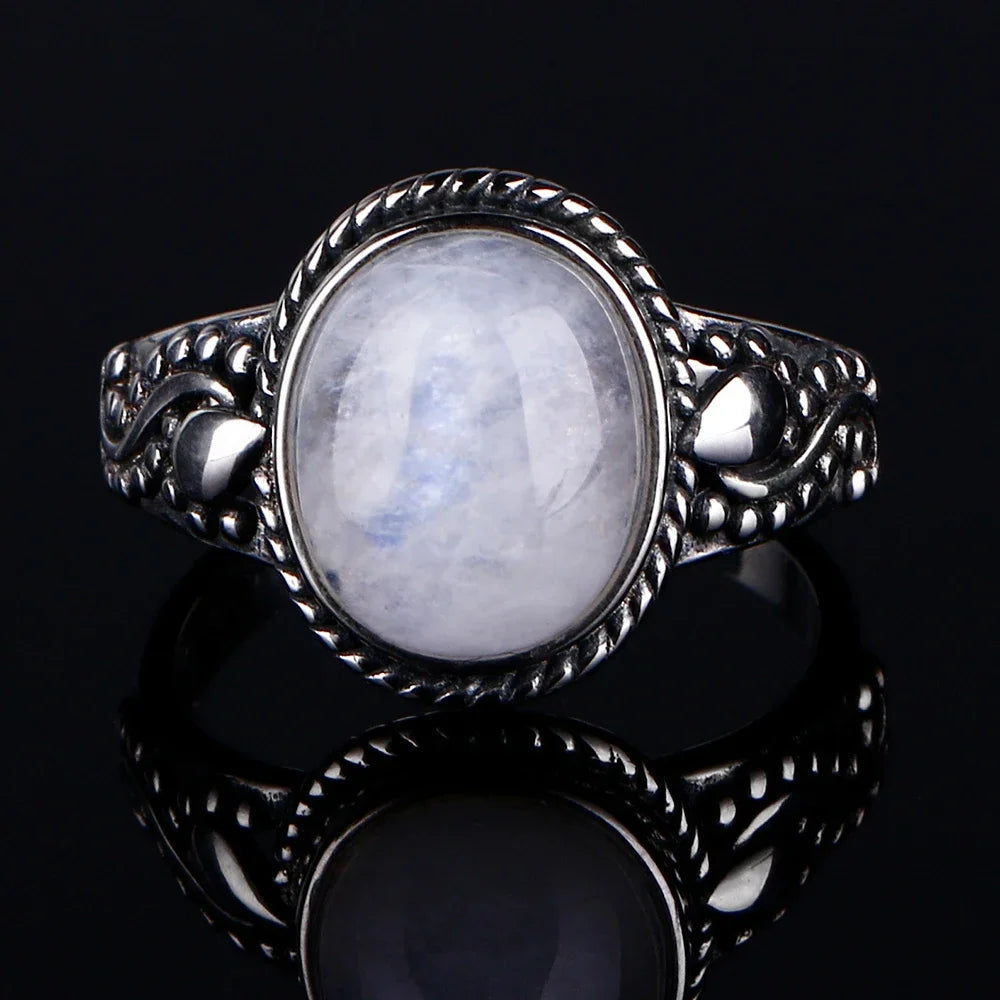 Round Oval Big Natural Moonstones Rings Women's Silver Plated Rings Gifts Vintage Fine Jewelry