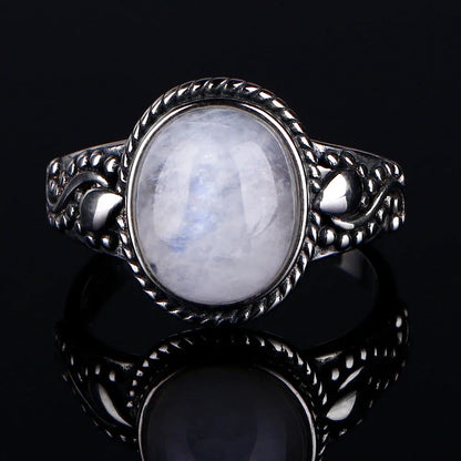 Round Oval Big Natural Moonstones Rings Women's Silver Plated Rings Gifts Vintage Fine Jewelry