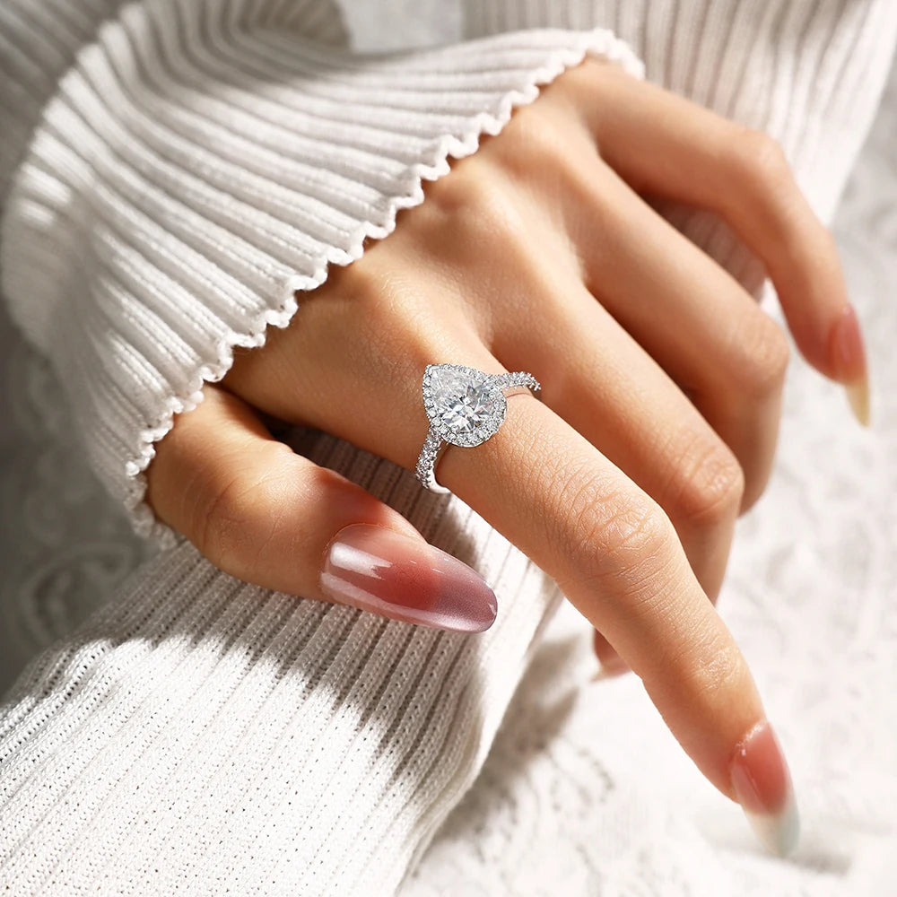 MINTYBOX Pear Cut 2.0CT Luxury Moissanite Ring Solid 925 Sliver 18K Gold Plated Engagement Halo Ring for Women Fine Jewelry Gift