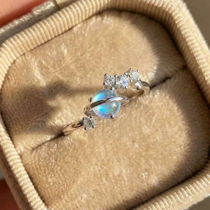 925 Sterling Silver Novel Imitation Moonstone Rings for Women Exquisite Planet Design Wear Rings Trendy Party Hot Sale Jewelry