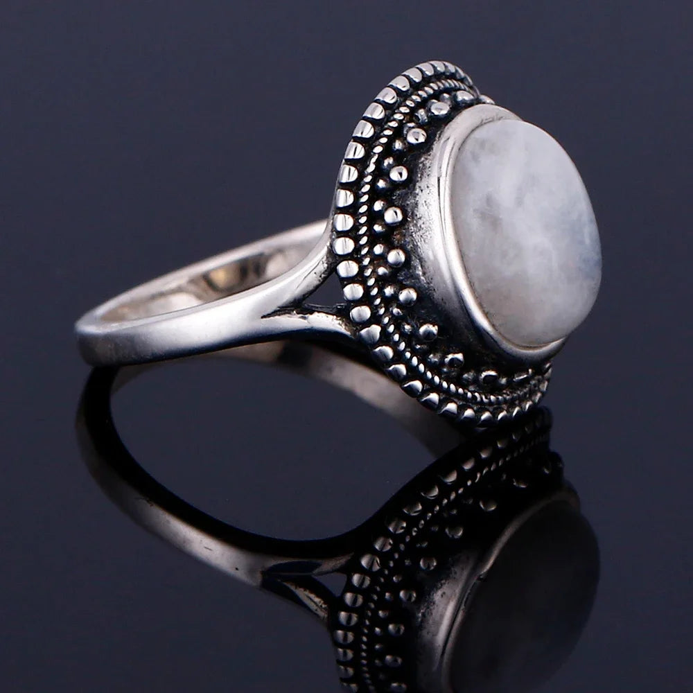 Round Oval Big Natural Moonstones Rings Women's Silver Plated Rings Gifts Vintage Fine Jewelry