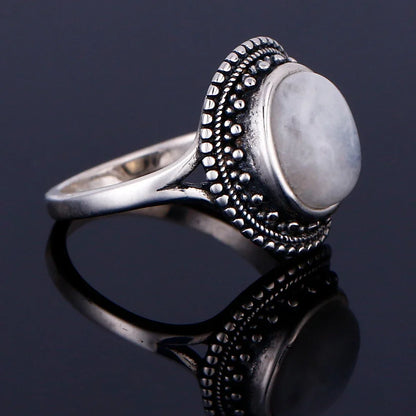 Round Oval Big Natural Moonstones Rings Women's Silver Plated Rings Gifts Vintage Fine Jewelry