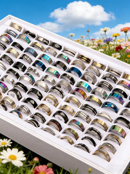 5/10/20/30/50/100/200pcs Stainless Steel Chain Rings, Mixed Punk Hip-Hop Rhinestone Inlaid Couple Rings, Finger Jewelry