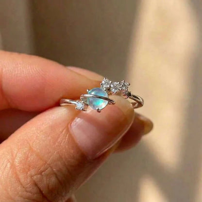 925 Sterling Silver Novel Imitation Moonstone Rings for Women Exquisite Planet Design Wear Rings Trendy Party Hot Sale Jewelry