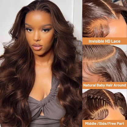 Chocolate Brown Body Wave 13x6 HD Lace Frontal Wig – Pre-Plucked 13x4, 220% Density 40 Inch