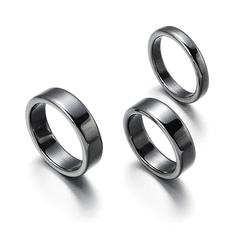 6pcs Unadjustable Black Hematite Rings For Women Men Party Club Smooth Simple Flat Wide Finger Ring Natural Stone 16mm-21mm