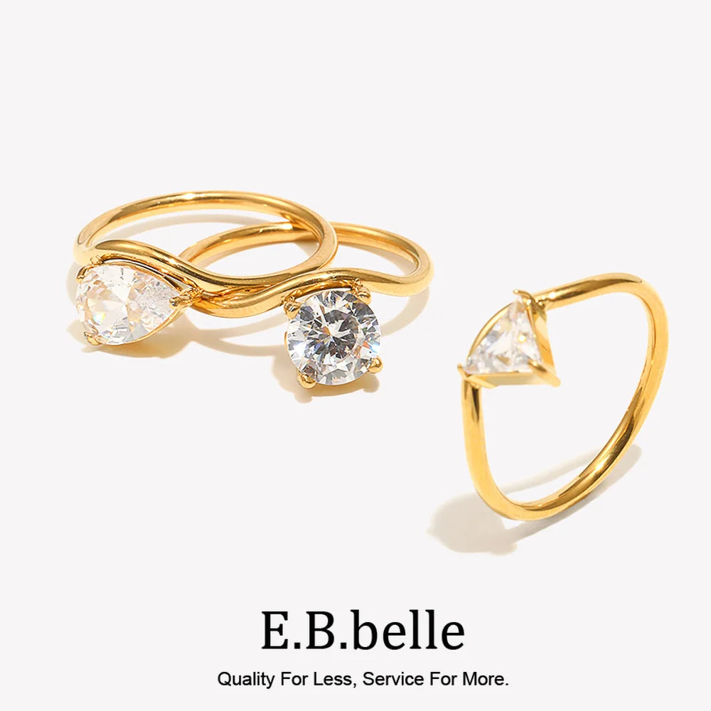 E.B.belle Wave Drop Round Zircon Ring Waterproof Minimalist 316L Stainless Steel Women's Rings 18K Gold Plated Accessories