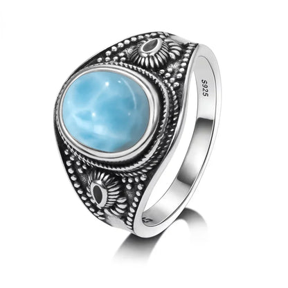 Vintage 925 Silver Natural Larimar Stone Ring Round Flower Shape Sky Blue Sea Water Ring Fine Jewelry Ring Gift For Women Men
