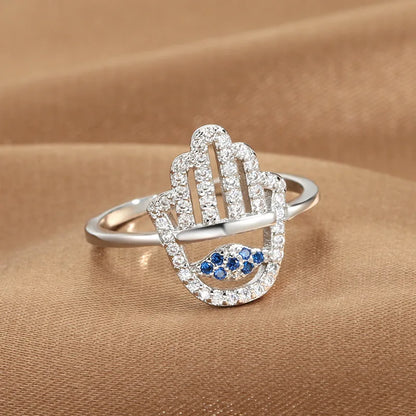 YILUOCD Hamsa Fatima's Hand Open Rings Turkish Blue Cubic Zircon Evil Eye Ring Protection Amulet Islamic Jewish Jewelry
