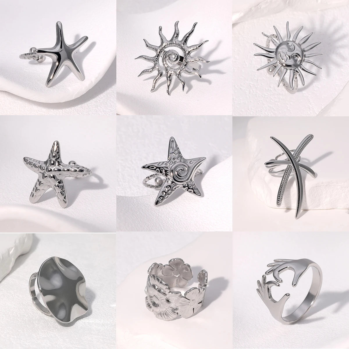 Bohemian Stainless Steel Ring Woman Vintage Jewelry Starfish Heart-Shaped Geometry Adjustable Open Rings Prom Accessories Gift