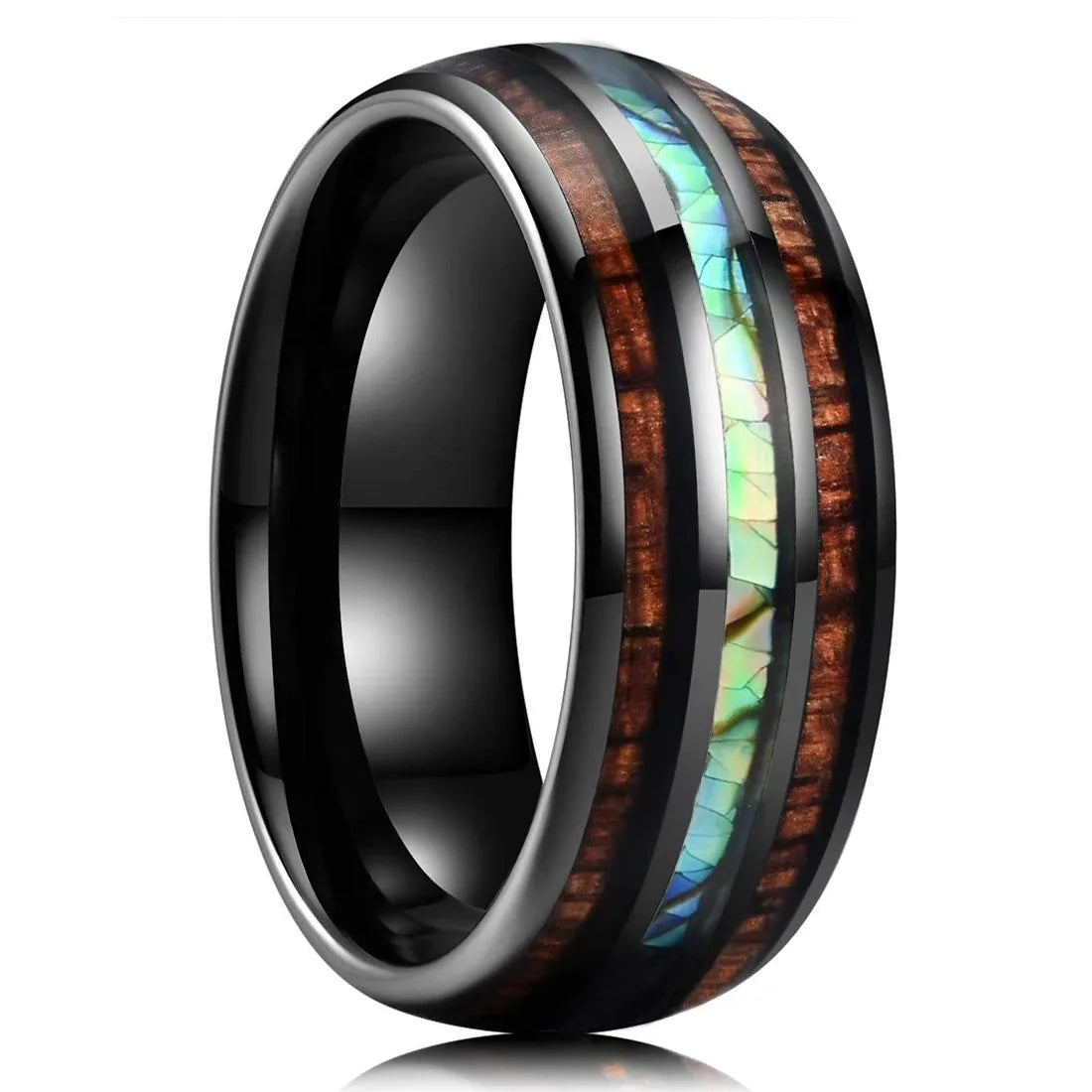 Fashion 8mm Men Stainless Steel Rings Inlay Meteorite Abalone Shell Rings For Men Women Wedding Engagement Band Jewelry Gift