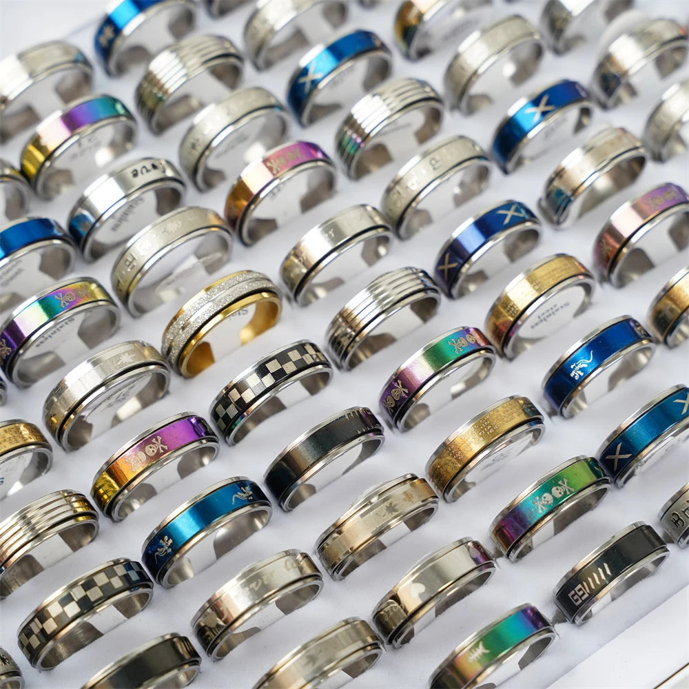 50Pcs/Lot Wholesale Different Rotatable Anxiety Fidgets Spinner Stainless Steel Rings Anti Stress Jewelry Gifts for Men Women