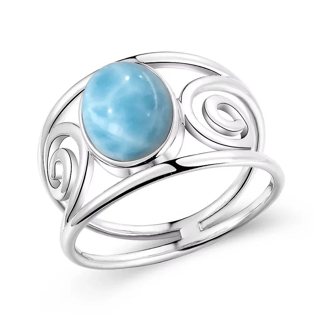 Vintage 925 Silver Natural Larimar Stone Ring Round Flower Shape Sky Blue Sea Water Ring Fine Jewelry Ring Gift For Women Men