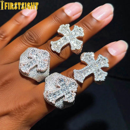 New Two Tone Color Cross Ring Iced Out Bling 5A CZ Stone Zircon Prong Setting Luxulry Finger Rings Men Women Hip Hop Jewelry
