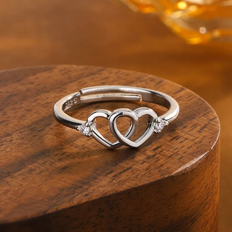 New Small Fresh Heart Shaped Creative Double Love Hollow 925 Sterling Silver Jewelry Fashion Crystal Opening Rings  R137