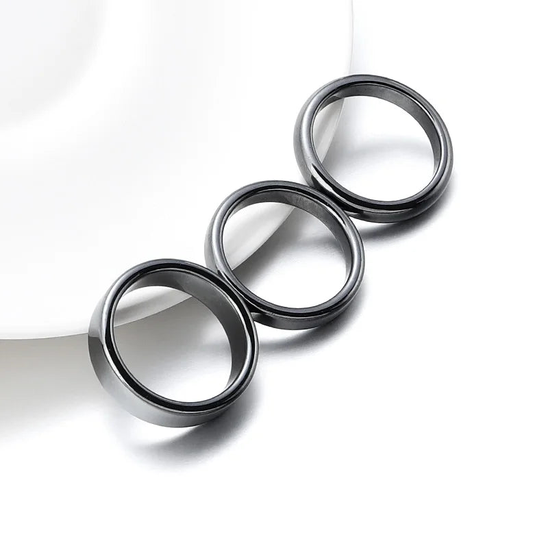 6pcs Unadjustable Black Hematite Rings For Women Men Party Club Smooth Simple Flat Wide Finger Ring Natural Stone 16mm-21mm