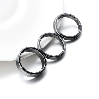 6pcs Unadjustable Black Hematite Rings For Women Men Party Club Smooth Simple Flat Wide Finger Ring Natural Stone 16mm-21mm