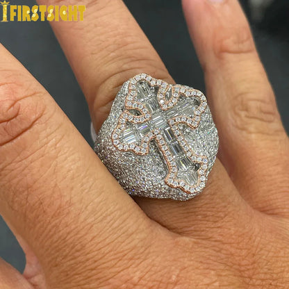 New Two Tone Color Cross Ring Iced Out Bling 5A CZ Stone Zircon Prong Setting Luxulry Finger Rings Men Women Hip Hop Jewelry