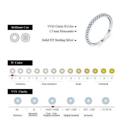 MINTYBOX Brilliant 1.5mm Moissanite Rings 925 Sterling Silver Half Eternity Ring for Women Stacking Engagement Band Fine Jewelry
