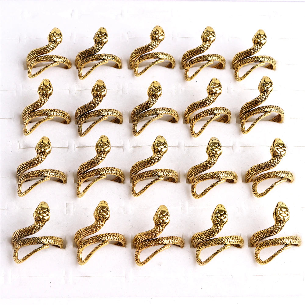 10pcs/lot Men Retro Punk Snake Rings For Women Antique Siver Color Opening Adjustable Jewelry Party Gifts