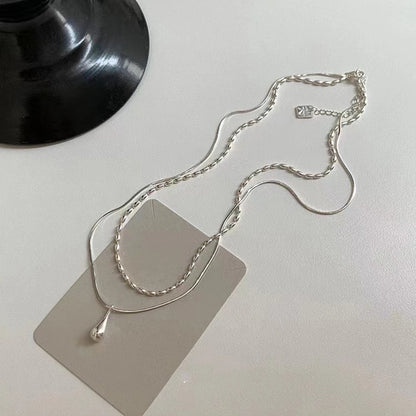 LATS Silver Color Simple Design Long Drop Pendant Necklace for Women Double-layered Clavicle Chain Fashion Jewelry Gifts