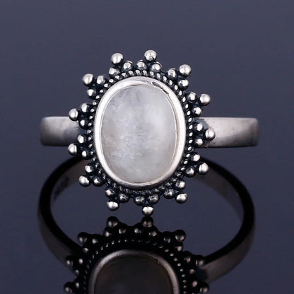 Round Oval Big Natural Moonstones Rings Women's Silver Plated Rings Gifts Vintage Fine Jewelry