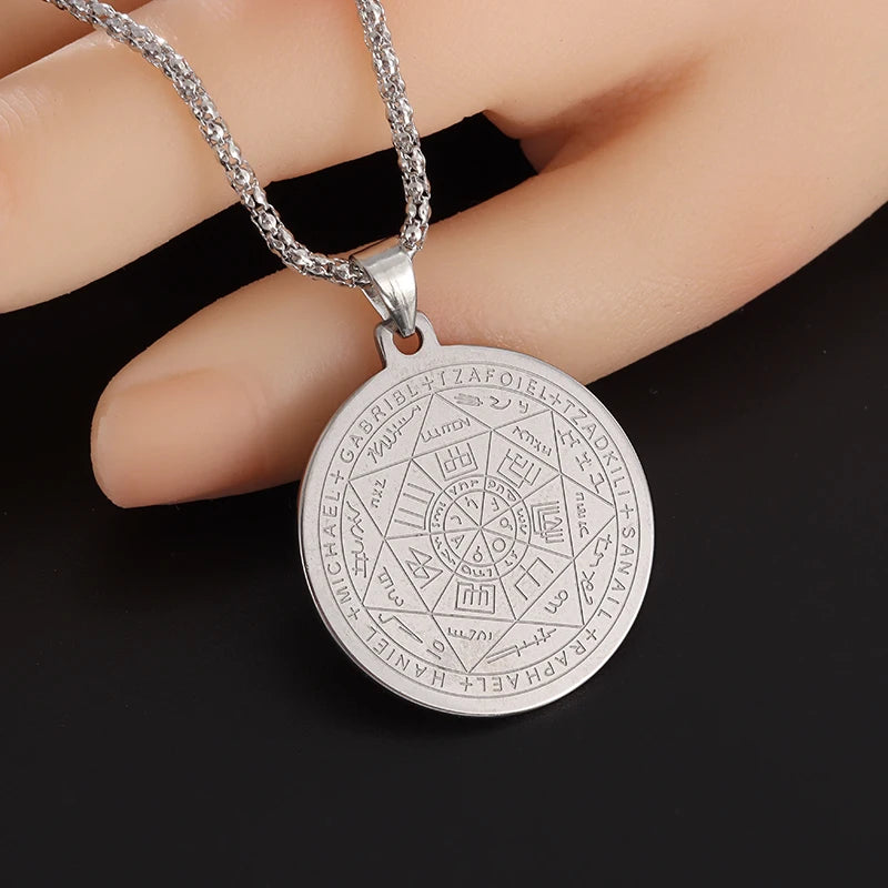 Stainless Steel 7 Archangel Seal Necklace Men's Solomon Kabbalah Seal Pendant Supernatural Protection Amulet Magical Jewelry