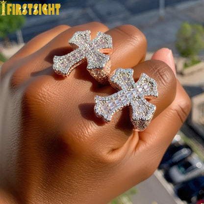 New Two Tone Color Cross Ring Iced Out Bling 5A CZ Stone Zircon Prong Setting Luxulry Finger Rings Men Women Hip Hop Jewelry