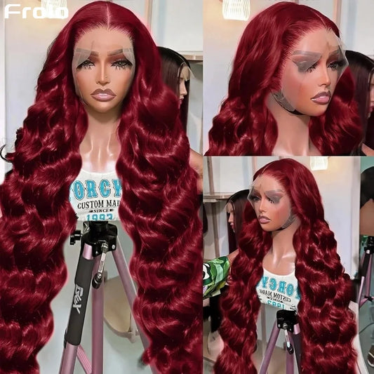 99J Burgundy 13x6 HD Lace Frontal Wig – 250% Density Body Wave, 30–36 Inch Red Colored