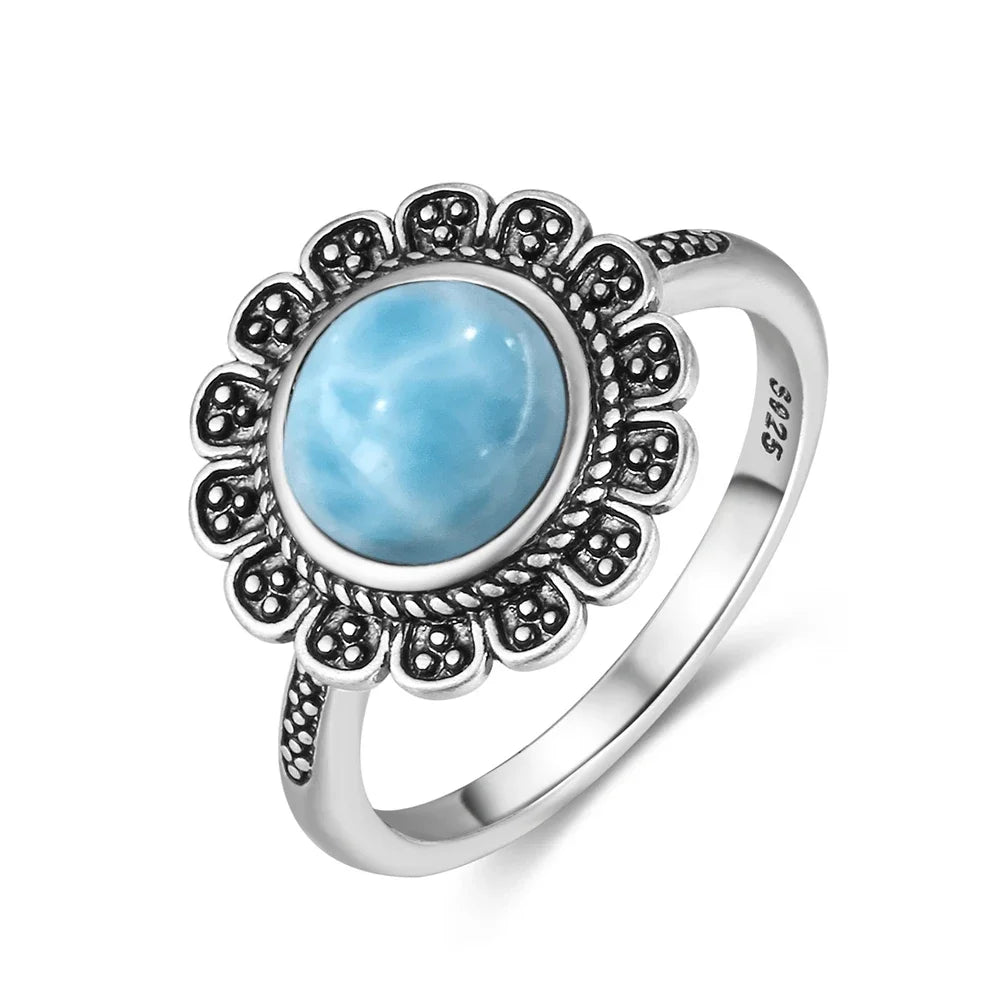 Vintage 925 Silver Natural Larimar Stone Ring Round Flower Shape Sky Blue Sea Water Ring Fine Jewelry Ring Gift For Women Men