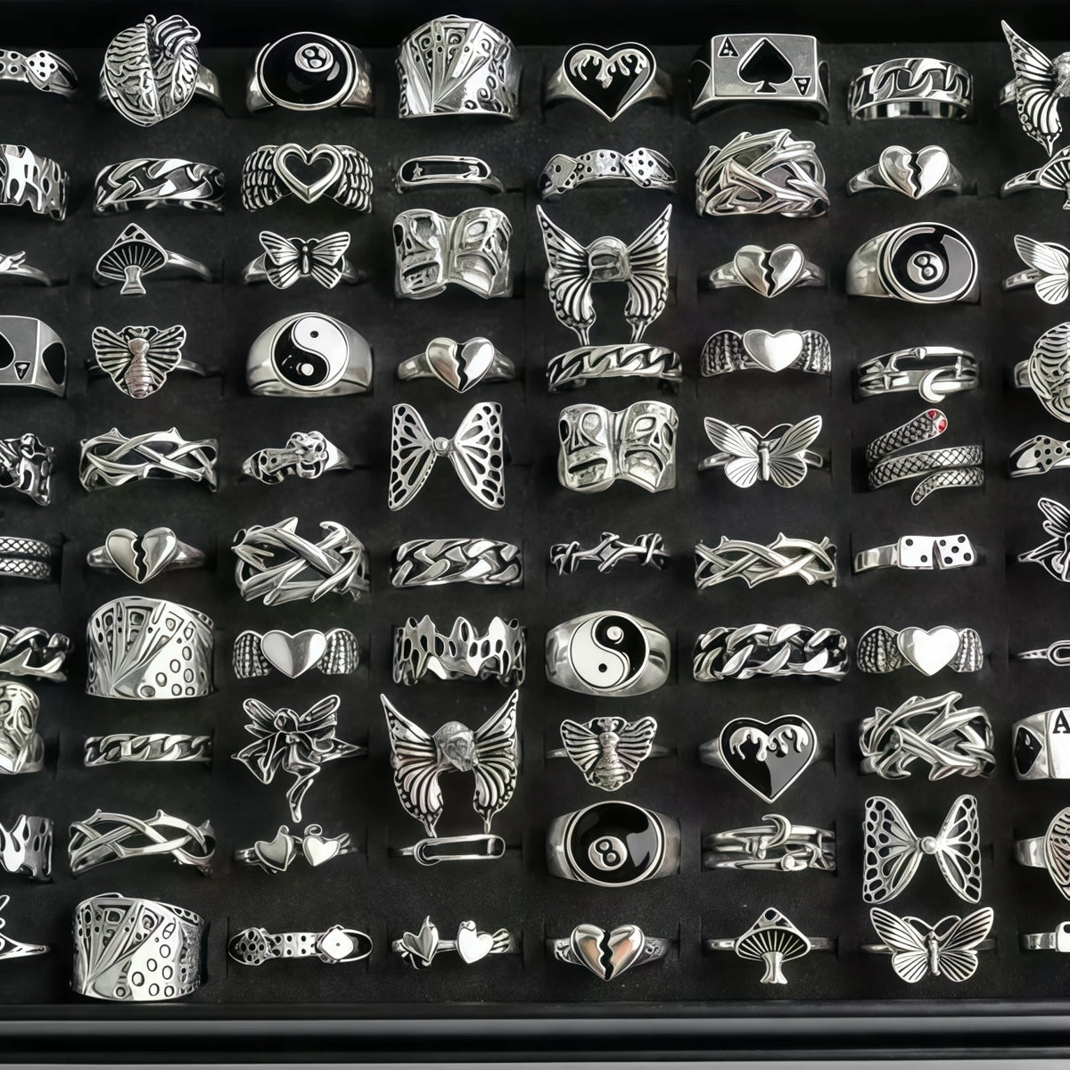 10/20/30/50/100Pieces Vintage Punk Heart Butterfly Rings Set For Women Men Mix Style Hip Hop Finger Ring Jewelry Party Gifts