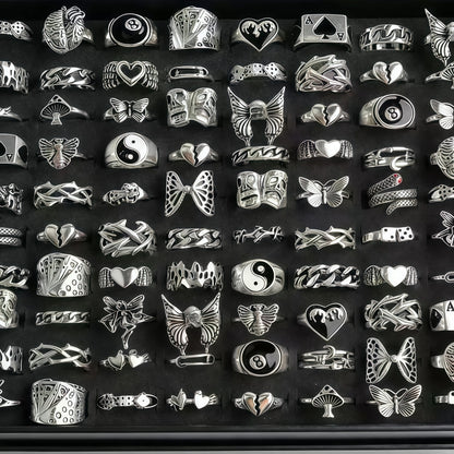 10/20/30/50/100Pieces Vintage Punk Heart Butterfly Rings Set For Women Men Mix Style Hip Hop Finger Ring Jewelry Party Gifts