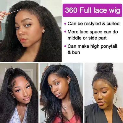 Kinky Straight 360 Full Lace Wig – Invisible Drawstring, Pre-Plucked 220% Natural Black