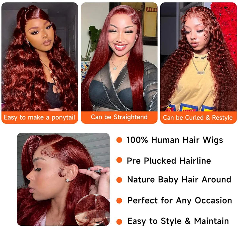 Reddish Brown #33 Body Wave 13x6 Lace Front Wig – Pre-Plucked Baby Hair, 180% Colored