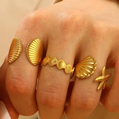 MHS.SUN Ocean Style Stainless Steel Starfish Shell Rings For Women Men Vintage Gold Plated Open Ring Summer Beach Jewelry