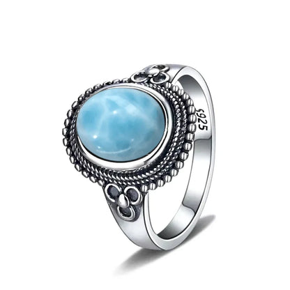 Vintage 925 Silver Natural Larimar Stone Ring Round Flower Shape Sky Blue Sea Water Ring Fine Jewelry Ring Gift For Women Men